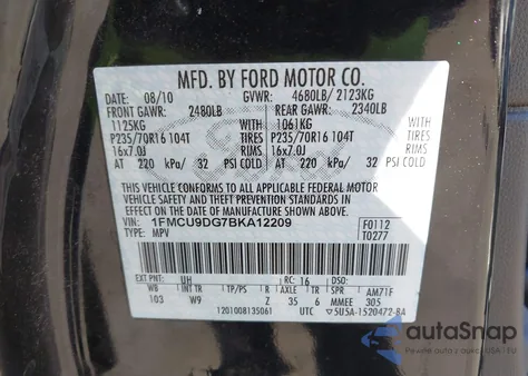 2011 Ford Escape Xlt из США, поврежденный, VIN 1FMCU9DG7BKA12209